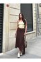 Women's Brown High Waist Elastic Waist Lace Eyelet Embroidery Asymmetrical Cut Bohemian Summer Midi Skirt - 5