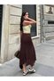 Women's Brown High Waist Elastic Waist Lace Eyelet Embroidery Asymmetrical Cut Bohemian Summer Midi Skirt - 3