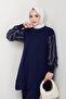 Women's Casual Model Sleeve Patterned Hijab Navy Blue Knitwear Tunic - 7