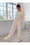 Women Beige Ribbed Knitted Fabric Crew Neck Cropped Sweatshirt - Loose Fit Comfortable Tracksuit Set - 2