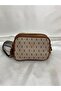Women's Canvas Strap Three-Compartment Brown Cross Shoulder Bag with Gold Detail - 3