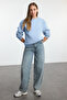Açık Mavi Kalın İçi Polarlı Regular/Normal Kalıp Bisiklet Yaka Basic Örme Sweatshirt TWOAW24SW00101 - 6