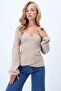 Women's Double Breasted Collar Sleeve Elastic Interlock Fabric Seasonal Blouse Light Brown Alc-X12929 - 4