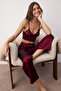Bordo 3'lü Çeyiz Set Üst Dantel, Alt Saten Askılı Külotlu Dokuma Pijama Takımı THMAW26PT00077