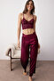 Bordo 3'lü Çeyiz Set Üst Dantel, Alt Saten Askılı Külotlu Dokuma Pijama Takımı THMAW26PT00077 - 3