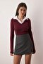 Bordo Dokuma Detaylı Gömlek Yaka Regular/Normal Kalıp Örme Bluz TWOAW25BZ00035 - 2