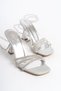 Olivia Women's - Stone Detailed Blunt Toe Silver Evening Dress Heeled Shoes