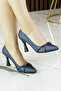 Abby Navy Blue Satin Burmese Stone Pointed Toe Goblet Heeled Evening Dress Shoes
