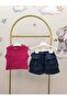 Girls' Ribbed Crop Tank Top Set with Ruffled Denim Shorts - 2