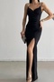 Scuba Fabric, Low-cut and Slit Detailed Maxi Length Stoned Strap Black Evening Dress 582513