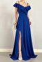 Women's Collar Design Slit Flexible Crepe Fabric Strap Chest Flounced Cobalt Blue Evening Dress582190 - 6