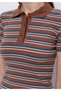 Slim Fit Polo Neck Striped Women's Brown Short Sleeve T-Shirt - 4