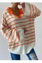 Women's Design Knitwear Fabric V-Neck Striped Pattern Bat Sleeve Detailed Oversize Orange Sweater 196 - 7