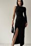 Women's Single Sleeve and Slit Design Sandy Fabric Midi Black Dress 210