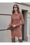 Women's Button Detailed Long Sleeve Hair Braid Turtleneck Handkerchief Collar Cinnamon Knitwear Tunic Dress - 5