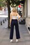 4002 Navy Blue Palazzo Elastic High Waist Pocket Woven Women's Trousers - 7