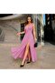 Women's Straps Shoulder Tie Double Breasted Collar Long Slit Janjan Crepe Dress - 3