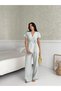 Light Blue Double Breasted Blouse Spanish Leg Pants Suit - 2