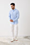 Long Sleeve 100% Cotton Slim Fit Striped Men's Shirt - Button-Down, Linen Look, Cool Fabric - 8