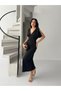 Black Shoulder Buckle V-Neck Midi Dress - 2