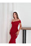 Sandy Fabric Draped Madonna Collar Slit Women's Midi Dress - 6