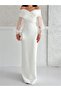 White Chiffon Sleeve Detail Off Shoulder Mermaid Evening Dress - 5