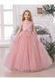 Girl Floral Lace Bow Detail Mesh Maxi Party Dress