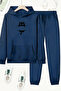 Unisex Navy Blue Striped Cat Printed Tracksuit Hoodie - Winter Embossed Fabric