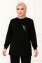Women's Black Hijab Clothing Stylish Elegant Bird Stone Detailed and Crew Necktunic & Pants Two-Piece Set - 4
