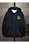 Men's Black Hooded Zip-Up Oversized Brushed Inside Printed Sweatshirt Winter School Cardigan - 3