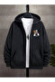 Men's Black Hooded Zip-Up Oversized Brushed Inside Printed Sweatshirt Winter School Cardigan - 2