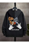 Men's Black Hooded Zip-Up Oversized Brushed Inside Printed Sweatshirt Winter School Cardigan