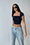 Square Neck Half Sleeve Gathered Navy Blue Crop Blouse 5010 - 3