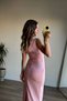 Powder Pink Waist Buckle Lined Slit Linen Dress - 4