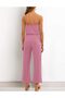 Women's 2023 Casual Off Shoulder Solid Color Strapless Belted Wide Leg Jumpsuit Romper - 4