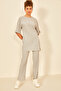 Gray Women's Cotton Short Sleeve Ribbed Blouse Pants Set
