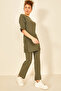 Khaki Women's Cotton Short Sleeve Ribbed Blouse Pants Set - 3
