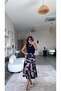 Navy Blue Patterned Satin Skirt - 5