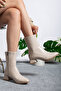 Women's Beige Cream Wrinkled Mid Heel Winter Boots