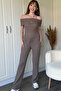 Brown Off-The-Shoulder Seersucker Trousers Set - 2