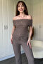 Brown Off-The-Shoulder Seersucker Trousers Set - 8