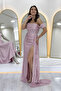 Women's Off-Shoulder Sequin Slit Evening Dress Sea Green, Powder, Black, Red, Navy, Beige - 3