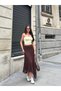 Women's Brown High Waist Elastic Waist Lace Eyelet Embroidery Asymmetrical Cut Bohemian Summer Midi Skirt - 6
