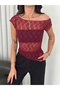 Women's Burgundy Boat Neck Asymmetrical Cutout Fishtail Lace See-Through Crop Blouse - 5