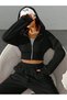 Women's Zip Hooded Black Crop Cardigan-Loose Fit Tracksuit Set - 3