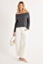 Women's Regular Fit Classic Cut Long Sleeve Off-The-Shoulder Anthracite Sweater - 5