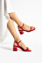 Red Patent Leather Gold Detailed Ankle Strap Block Heel Sandals - 2