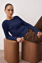 Navy Blue Jacquard Fitted/Slim Fit Button Detail Stretch Knitted Blouse Twoaw26Bz00046 - 2
