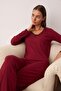 Bordo Pamuk Karışımlı Dantelli ve Kurdele/Fiyonk Detaylı Fitilli Örme Pijama Takımı THMAW25PT00044