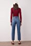Koyu Mavi Yüksek Bel Mom %100 pamuk Non-Stretch Jeans TWOAW26JE00159 - 4